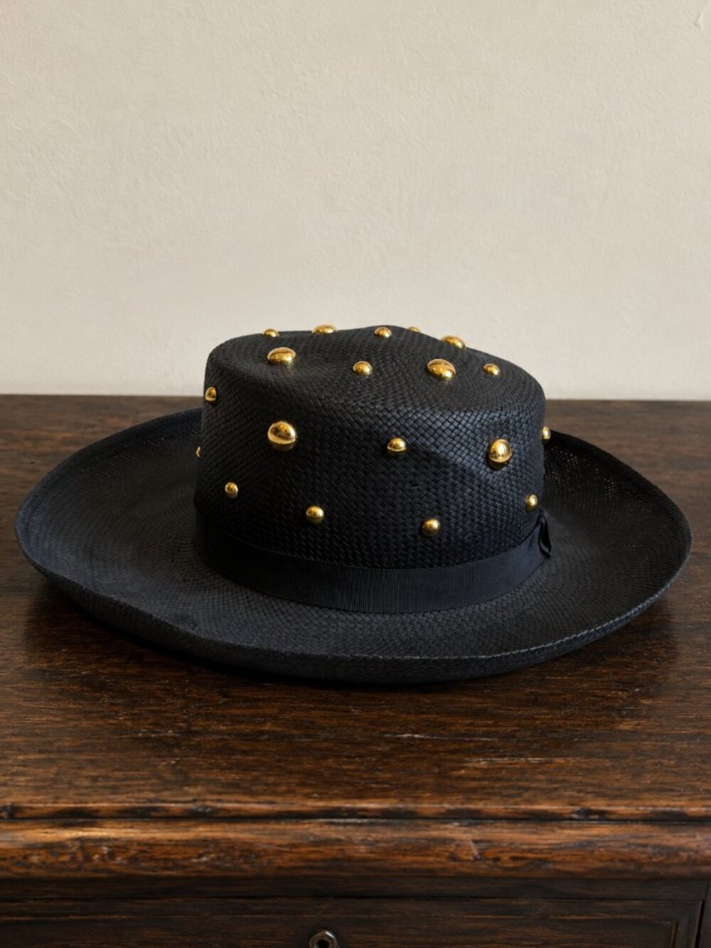 Vintage Black & Gold Studs Wide Brim Hat Statement Western Cowboy Hat